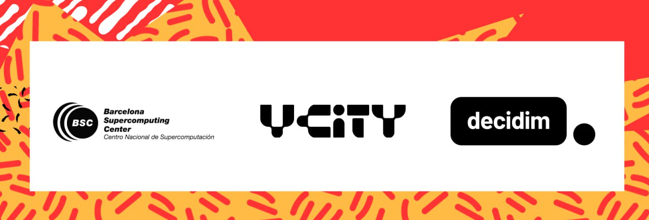 White banner with the Barcelona Supercomputing Center, Y-CITY, and Decidim logos, set against a red and orange patterned background