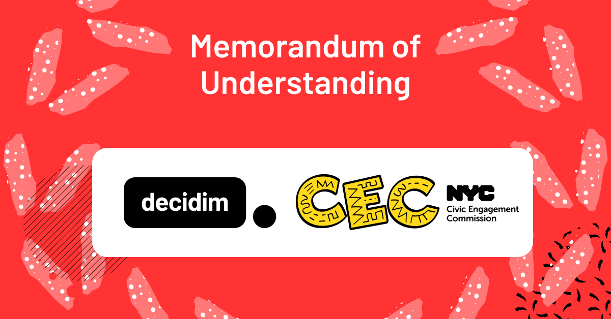 Text reading "Memorandum of Understanding" above a white banner showing the Decidim logo and the NYC Civic Engagement Commission logo, set against a red background with pink leaf-like shapes and white dots.